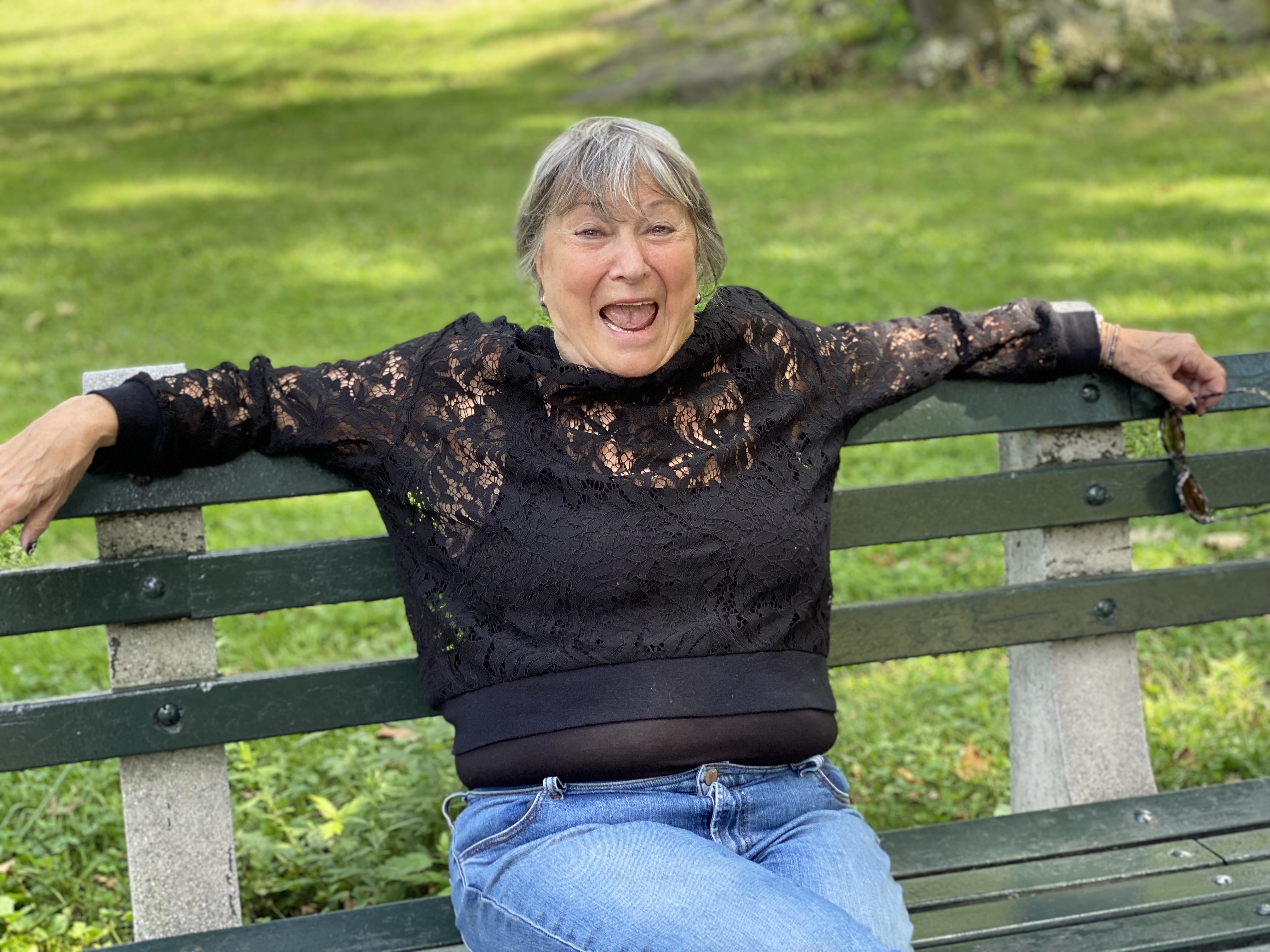 Bunny smiling on her Central Park bench