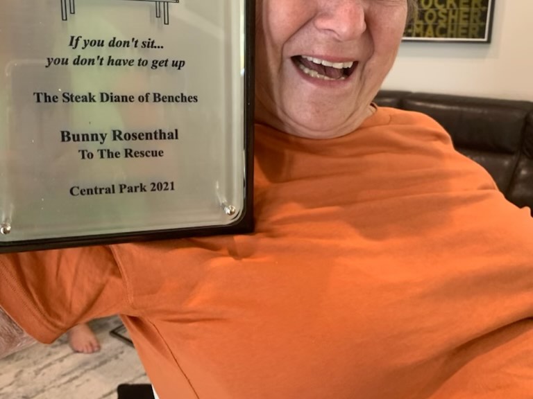 Happy 80th Birthday!!!
September 12, 2021. Bunny was in LA, visiting the Abrahams, so we FaceTimed to present her with the bench.
